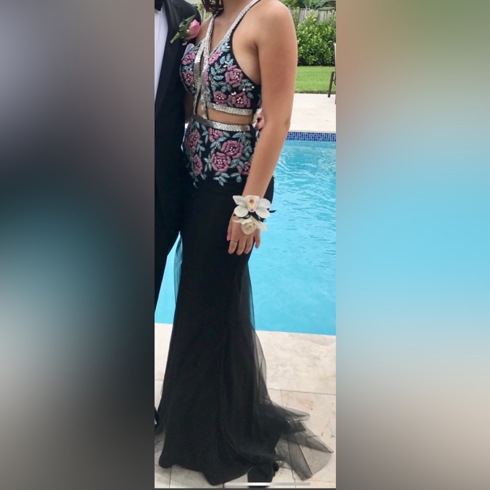 COPY - Black floral beaded boutique prom dress